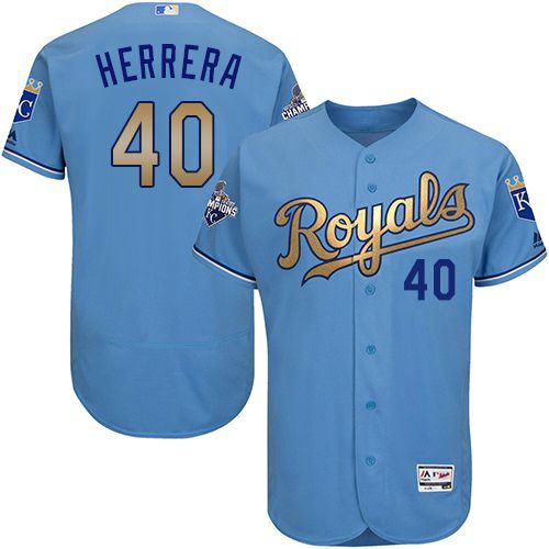 Royals #40 Kelvin Herrera Light Blue FlexBase Authentic 2015 World Series Champions Gold Program Stitched MLB Jersey - Click Image to Close